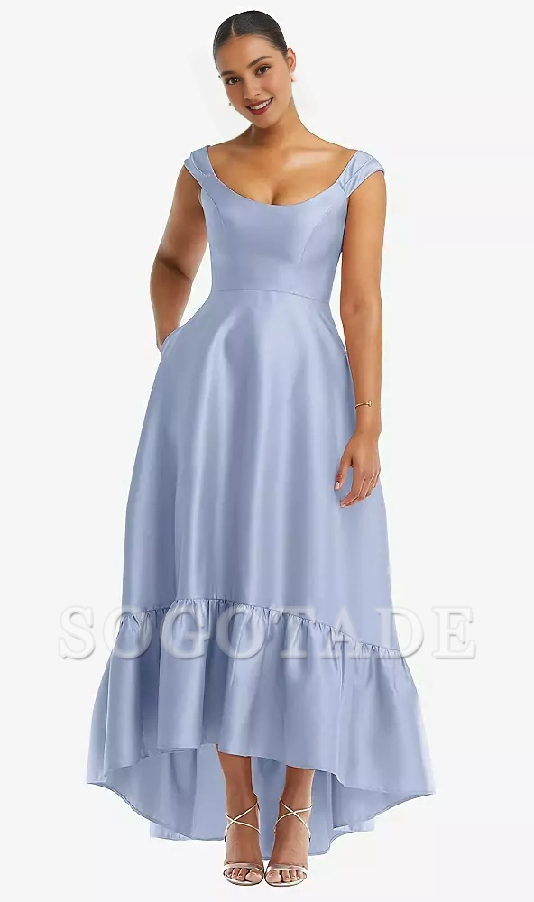 Pocket lid sleeves deep ruffle hem satin high and low hem Prom dress