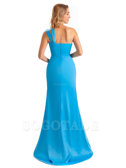 Elegant One Shoulder Side Hight Slit Mermaid Soft Satin Long Floor Length Bridesmaid Dress For Wedding