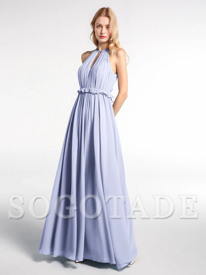 Keyhole collar backless chiffon long dress
