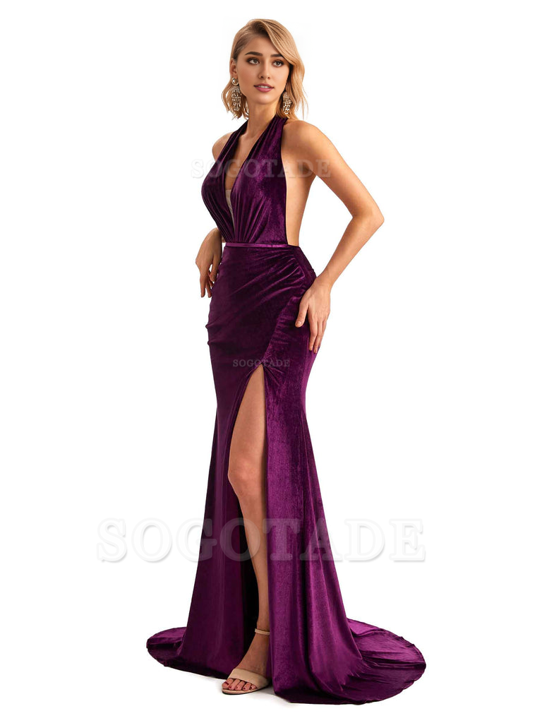 Sexy Deep V Neck Backless Mermaid Halter Side Slit Velvet Long Bridesmaid Dresses Online