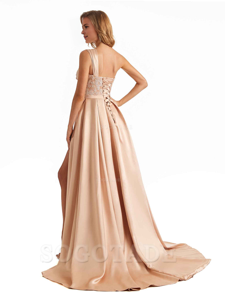 Sexy Side Slit One Shoulder A-Line Soft Satin Long Bridesmaid Dresses Online prom dress in store