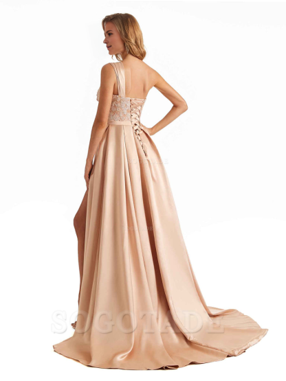Sexy Side Slit One Shoulder A-Line Soft Satin Long Bridesmaid Dresses Online prom dress in store