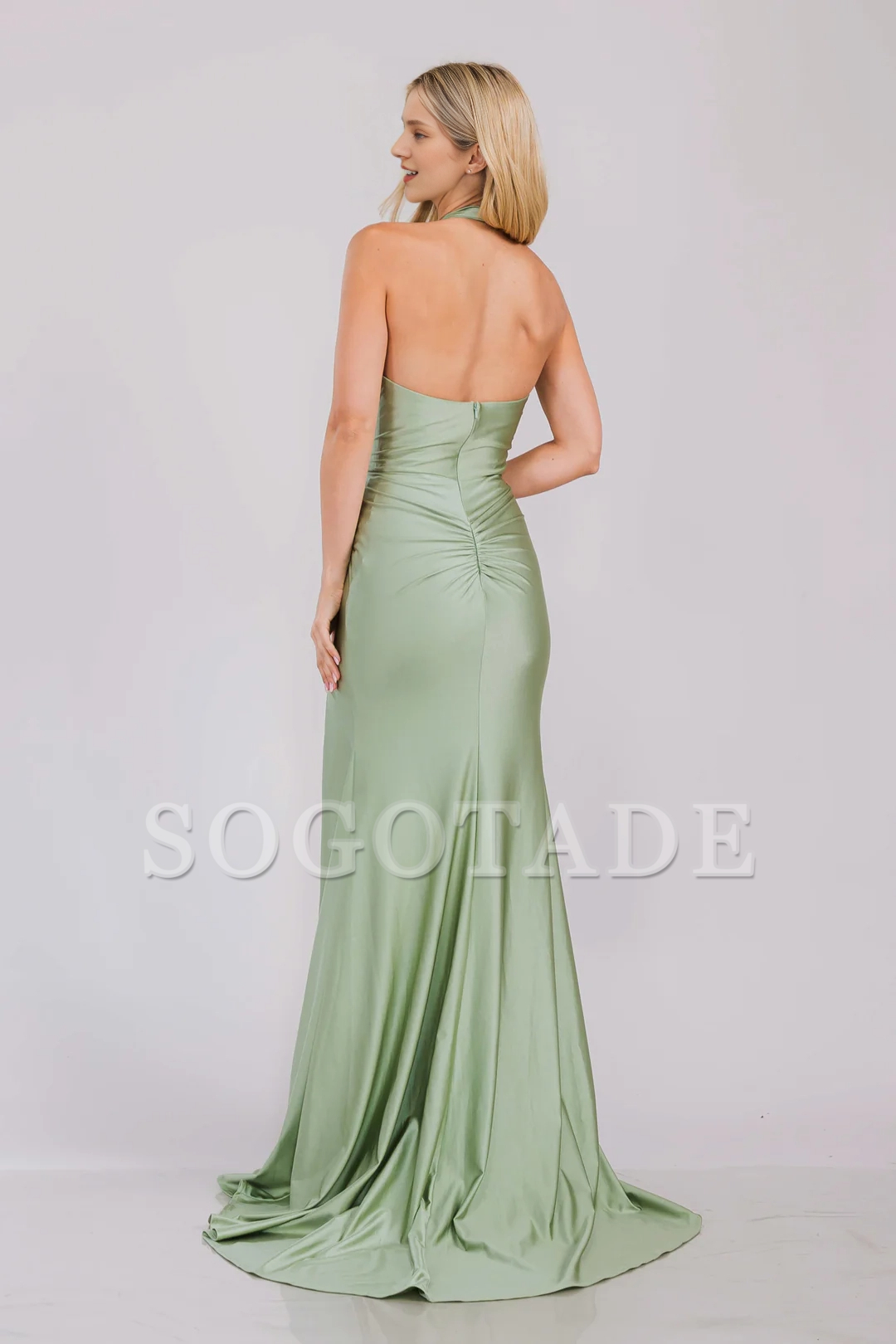 Fitted slit pleated long neck hanging satin dress