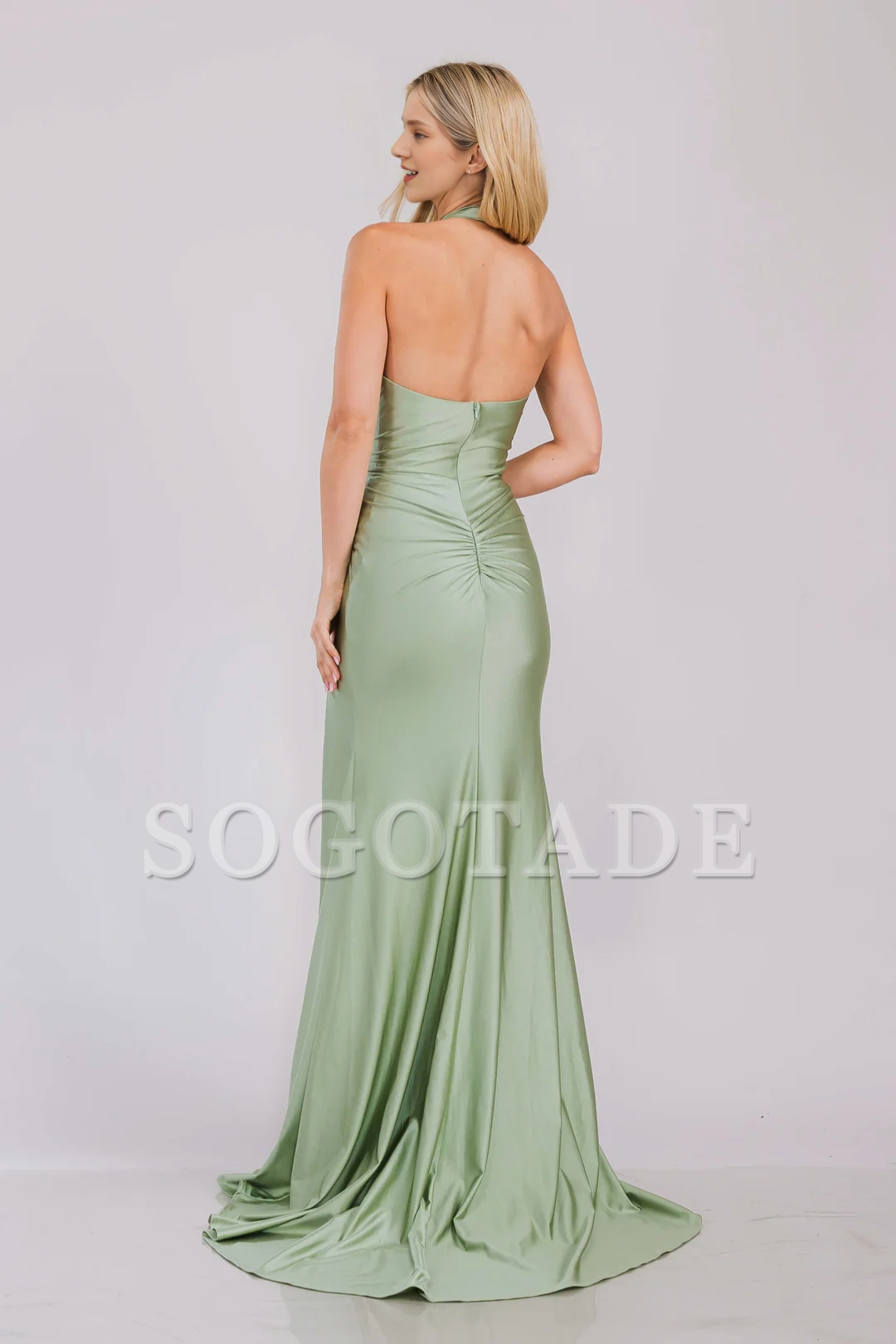 Fitted slit pleated long neck hanging satin dress