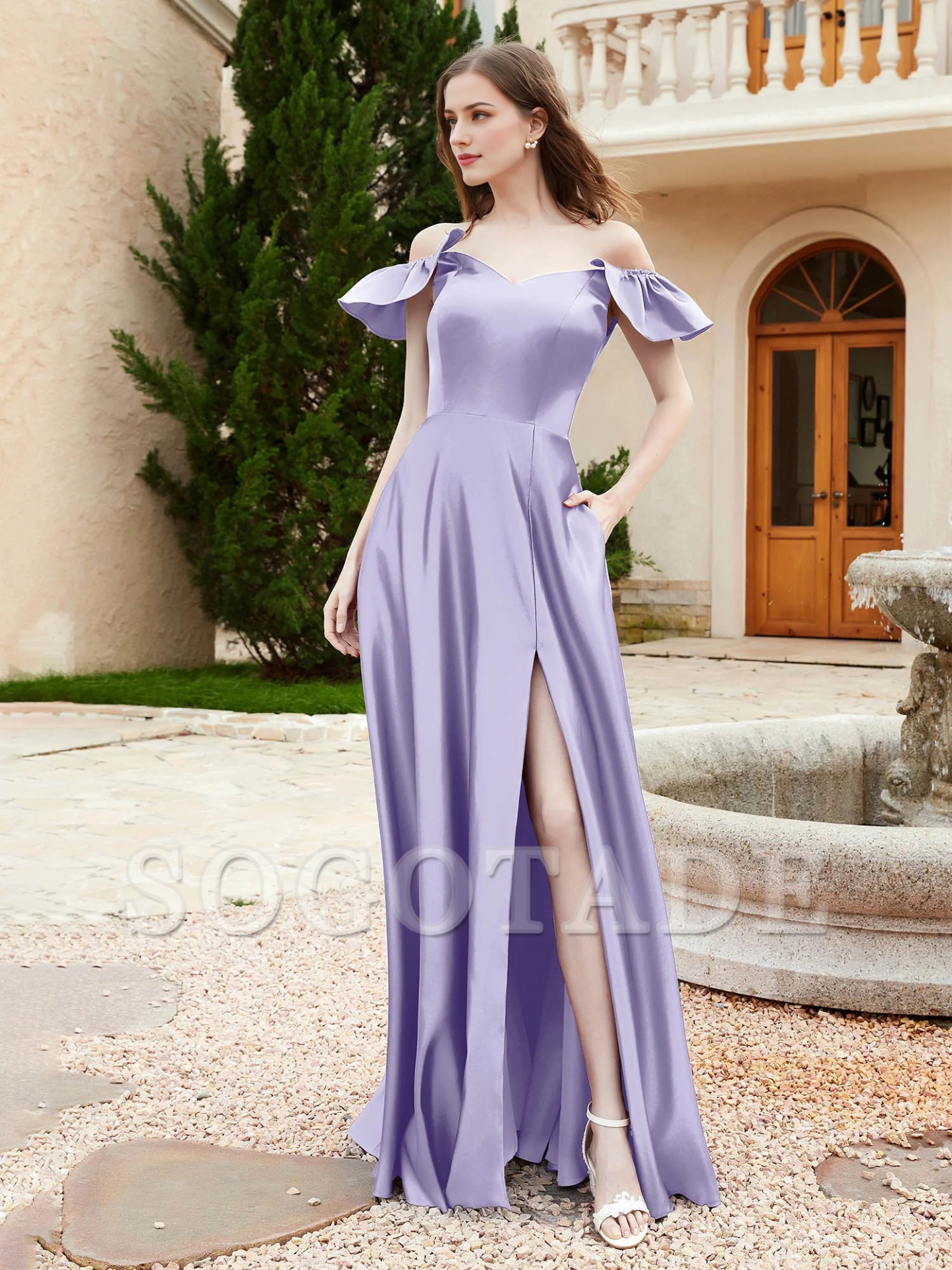 Pocket off shoulder satin bridesmaid dress