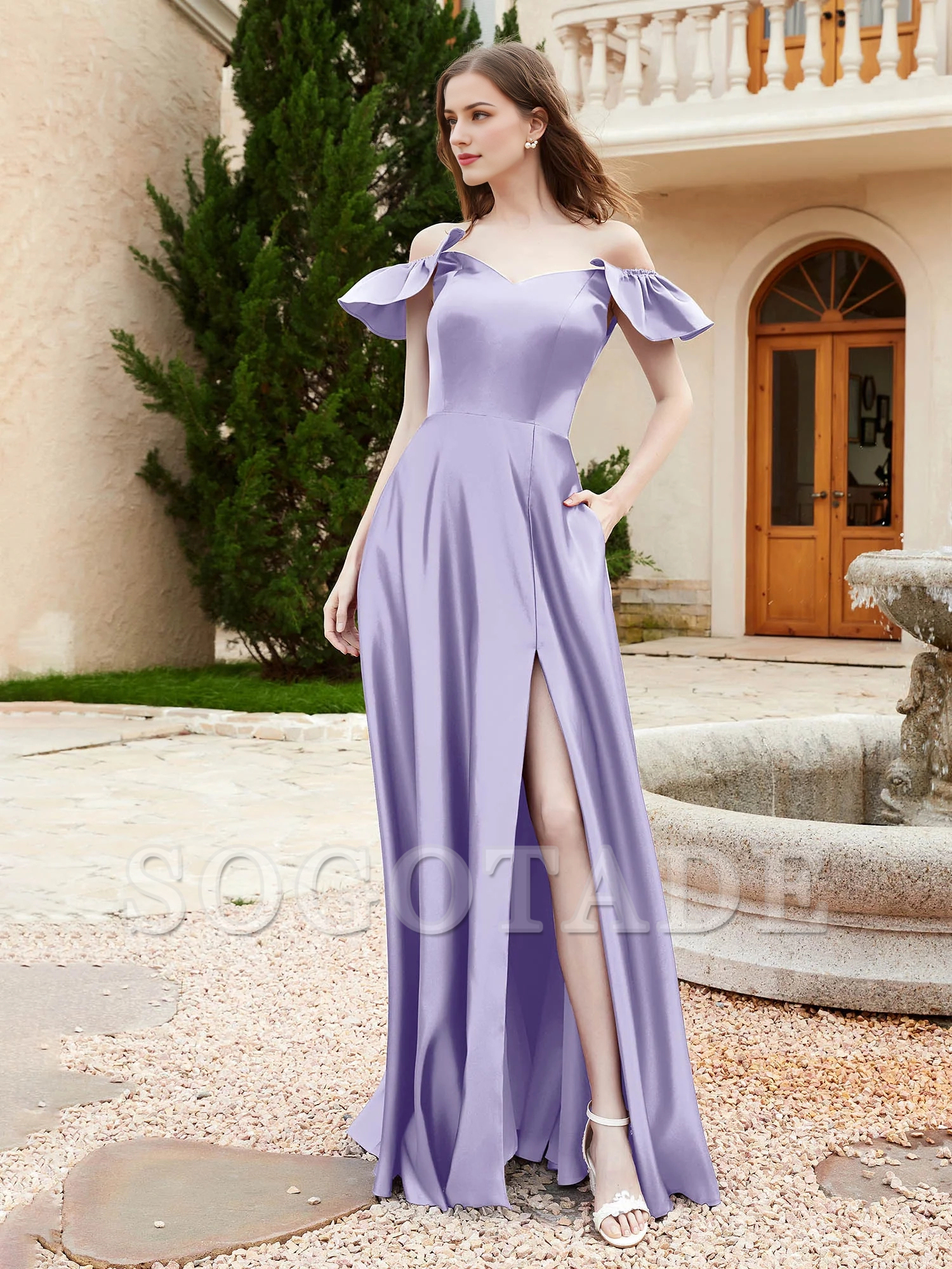 Pocket off shoulder satin bridesmaid dress