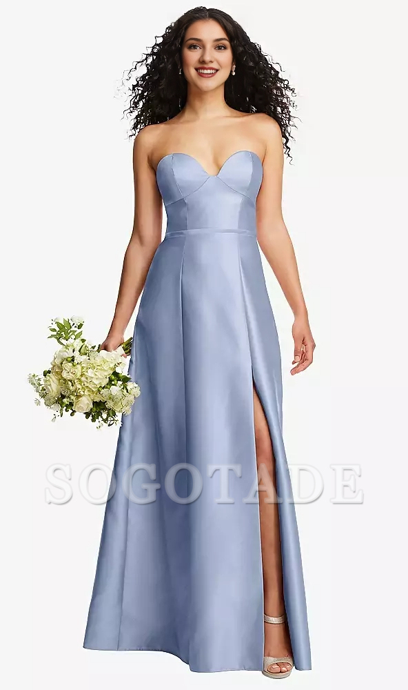 Front slit strapless tight corset A-line satin Prom dress