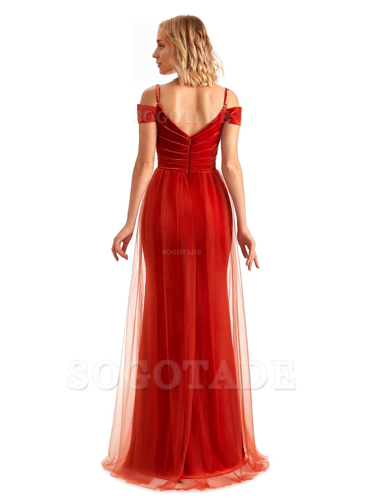 Elegant Mermaid Spaghetti Straps Floor Length Cold Shoulder Side Slit Tulle Velvet Long Bridesmaid Dresses