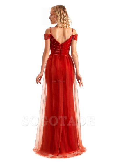 Elegant Mermaid Spaghetti Straps Floor Length Cold Shoulder Side Slit Tulle Velvet Long Bridesmaid Dresses