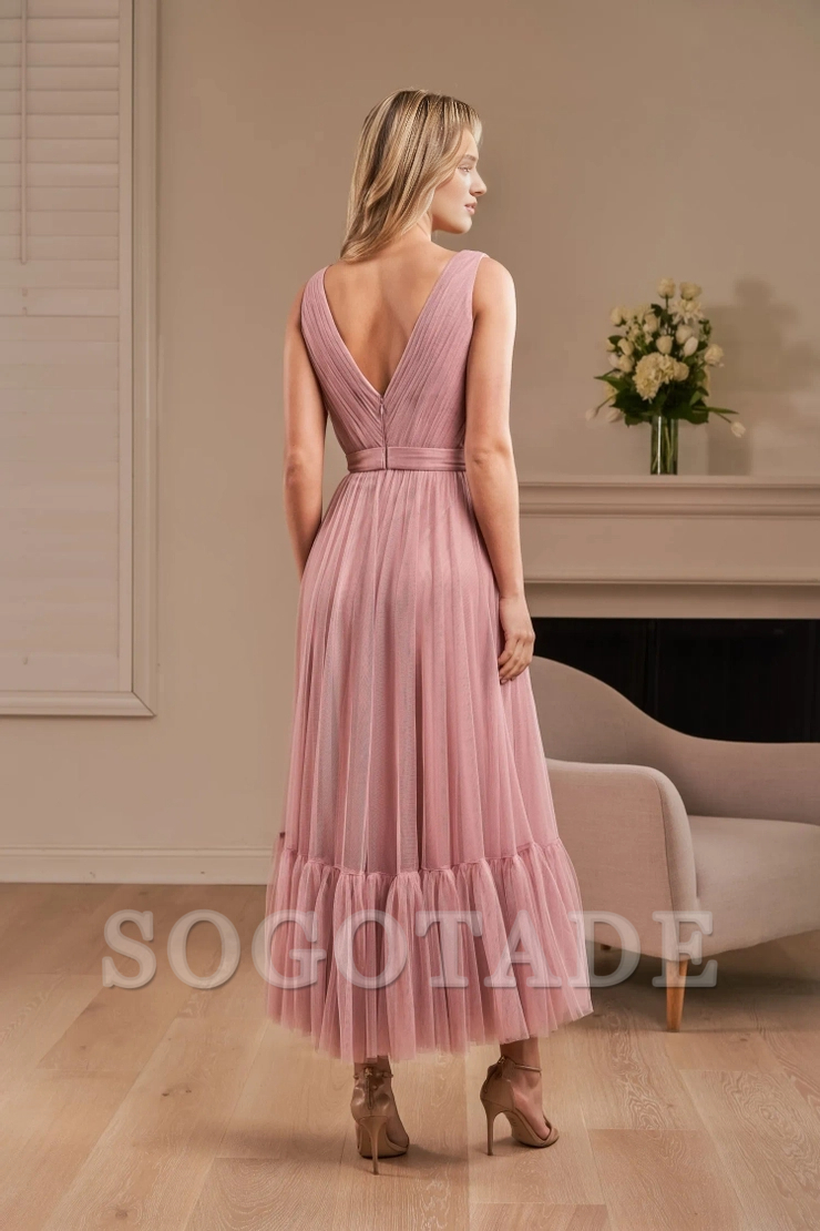 Soft chiffon A-line pleated V-neck ruffled mid length bridesmaid dress