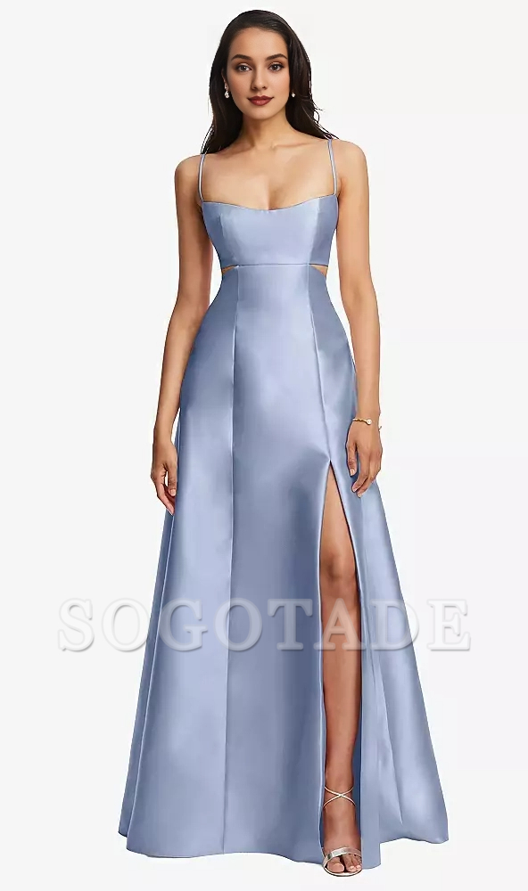 Bag open collar hollowed out satin twill A-line Prom dress