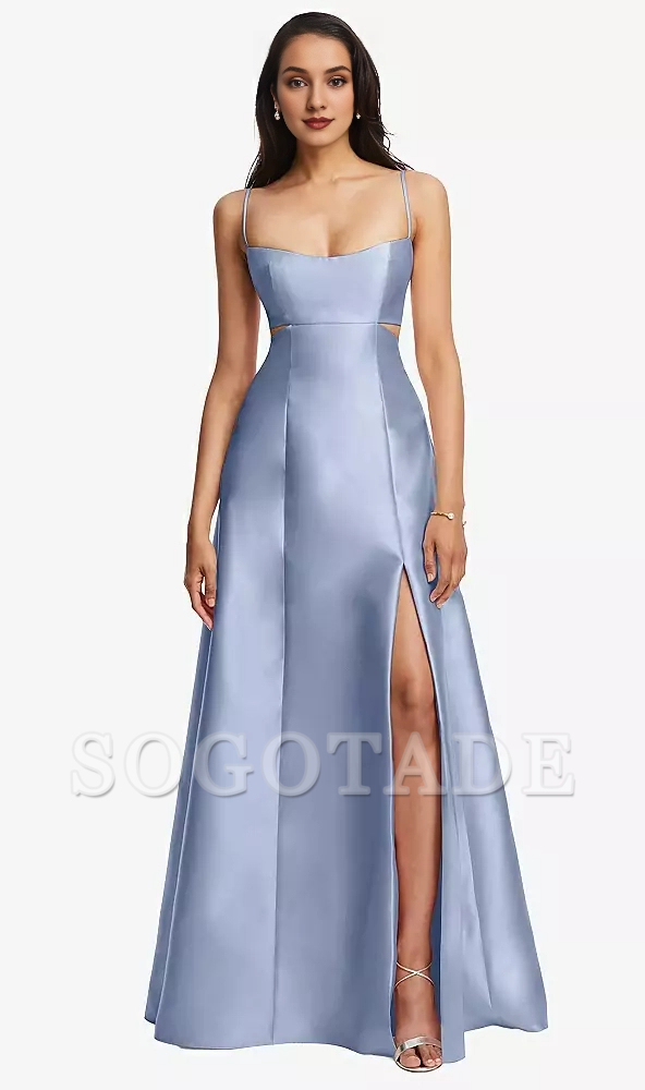 Bag open collar hollowed out satin twill A-line Prom dress