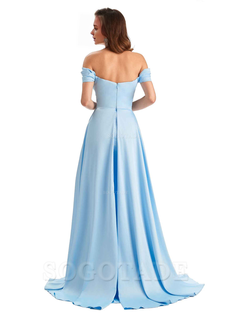 Sexy Side Slit Mermaid Soft Satin Off The Shoulder Long Unique Bridesmaid Dresses prom dress in store