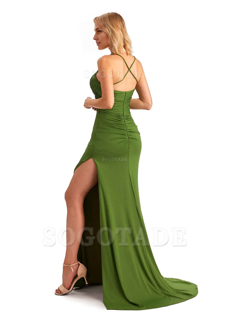 Sexy Side Slit Spaghetti Straps Open Back Mermaid Lace Applique Long Formal Bridesmaid Dresses