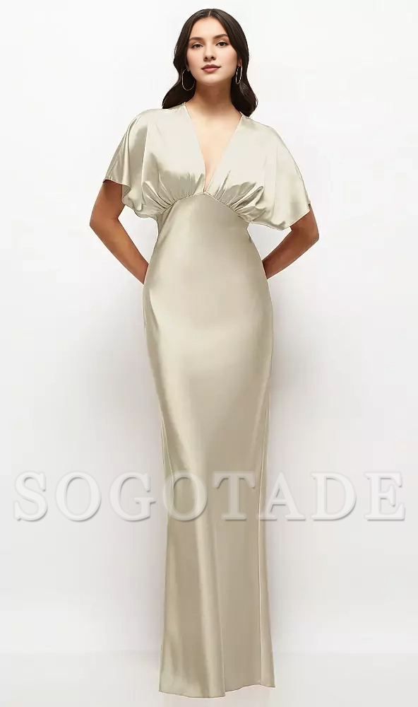 Deep V-neck kimono sleeves twill satin long bridesmaid dress