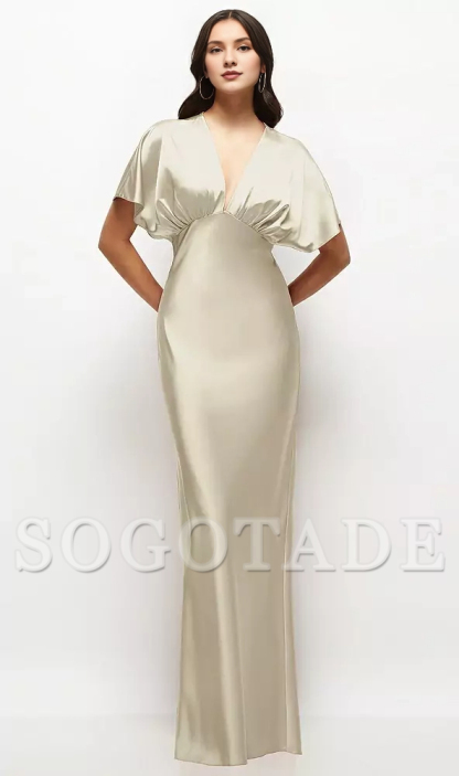 Deep V-neck kimono sleeves twill satin long bridesmaid dress