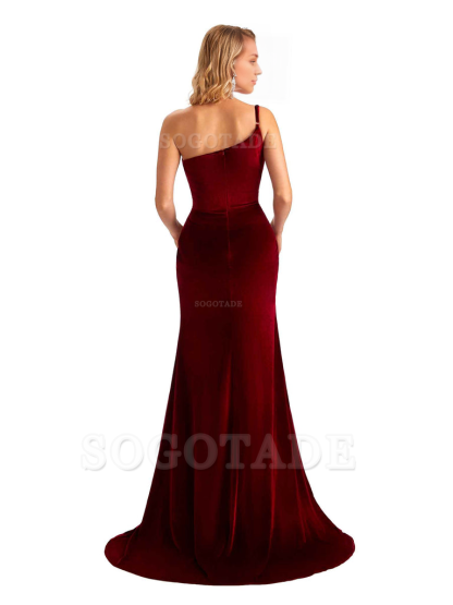 Sexy Side Slit Mermaid Spaghetti Straps One Shoulder Formal Velvet Long Bridesmaid Dresses