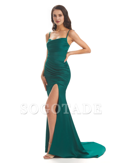 Sexy mermaid soft satin thin shoulder strap side slit bridesmaid dress