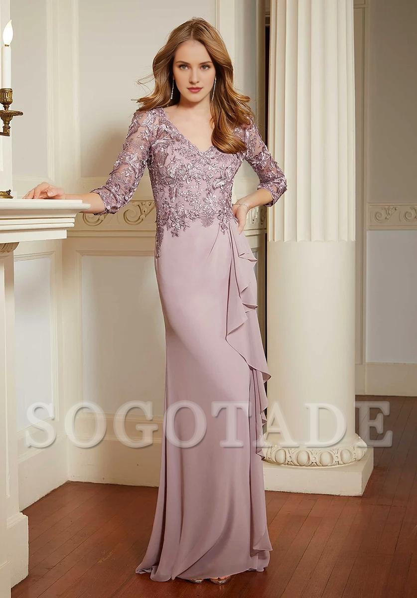 V-neck lace applique chiffon and floor length gown evening dresses