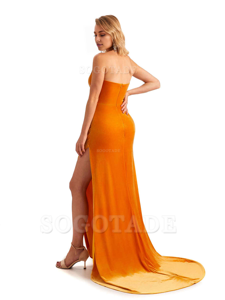  Sexy Side Hight Slit Sleeveless Mermaid Strapless Velvet Long Bridesmaid Dresses Online