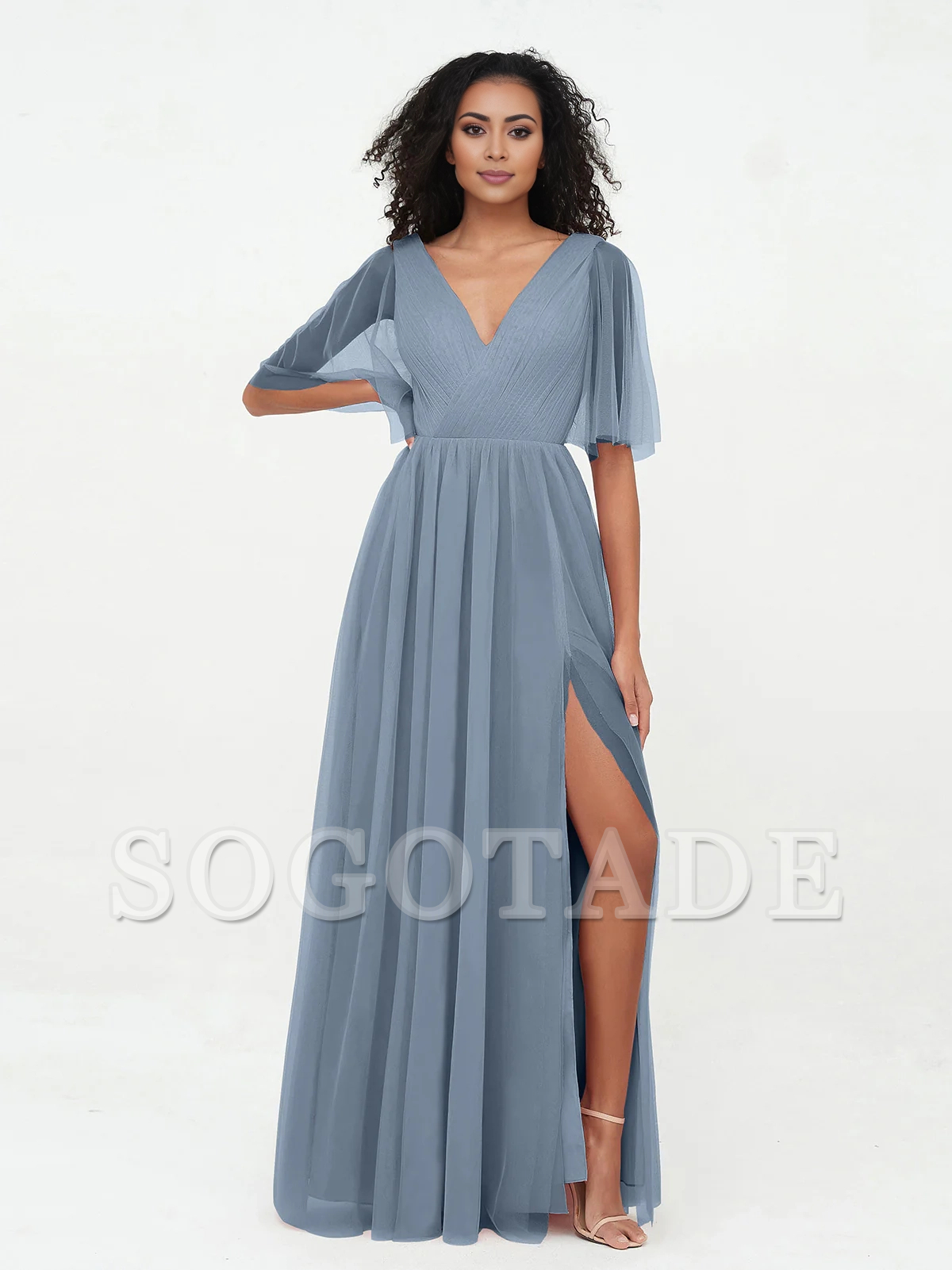 A-line V-neck chiffon Max deep V-back dress