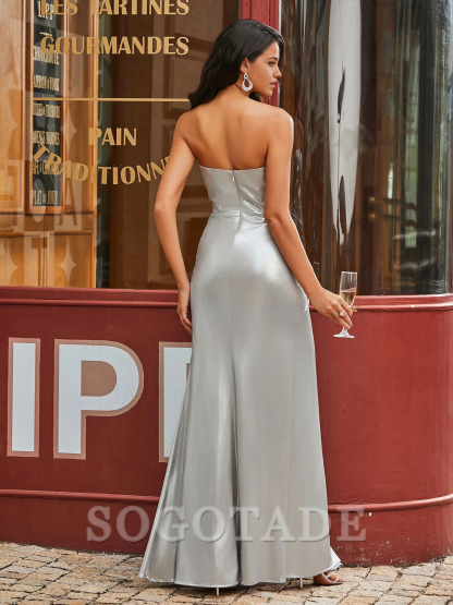 Wrinkled tight fitting/straight tube and floor slit Prom dress