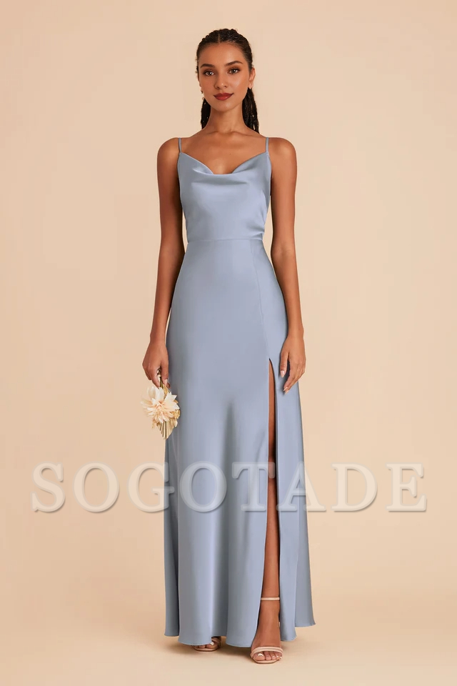 Fully lined pleated neckline with slit and floor length bridesmaid dress