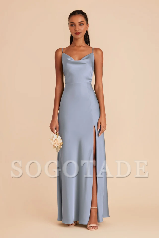 Fully lined pleated neckline with slit and floor length bridesmaid dress