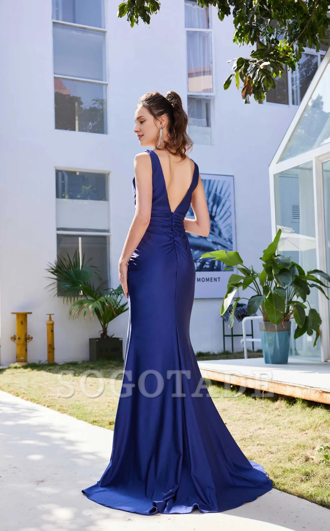 V-neck ruffle edge pleated waist slit and floor length Prom dress