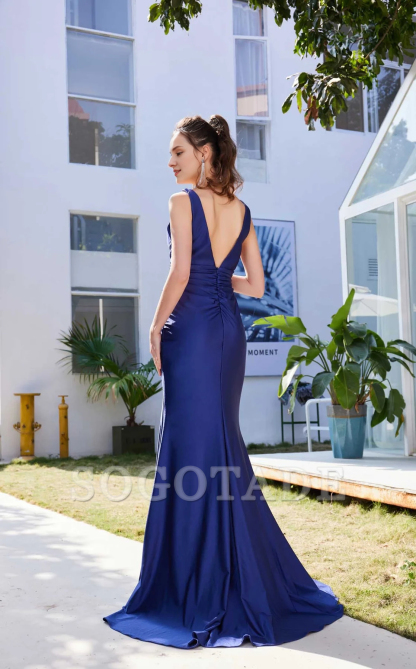 V-neck ruffle edge pleated waist slit and floor length Prom dress