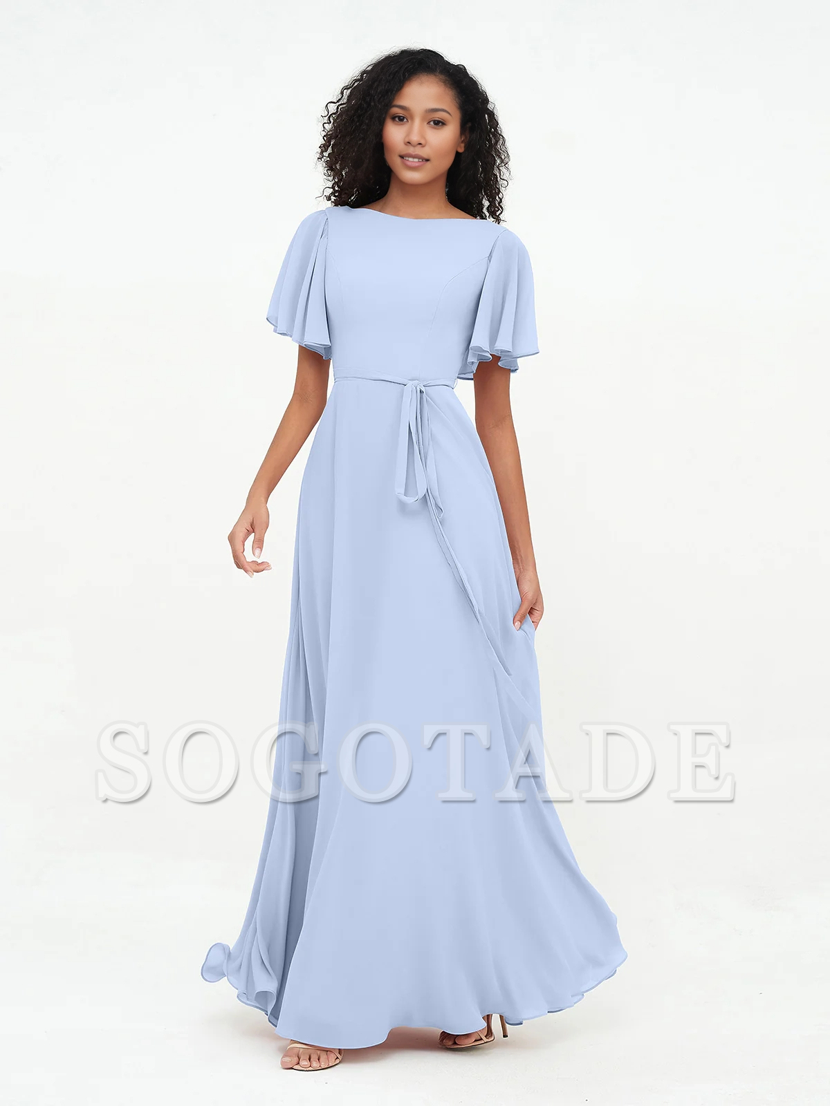 Bow fluttering sleeves chiffon bridesmaid dress