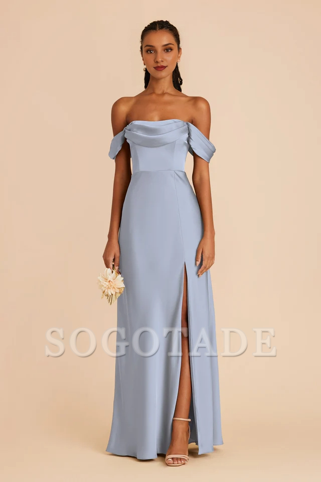 Folded collar off shoulder satin backless and floor length bridesmaid dress