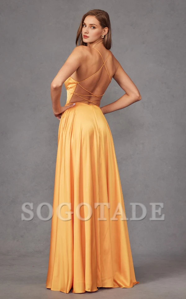 Thin shoulder strap satin backless slit and floor length Prom dress