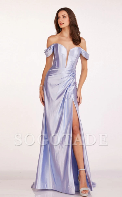 Off shoulder collar satin high slit and floor length Prom dress