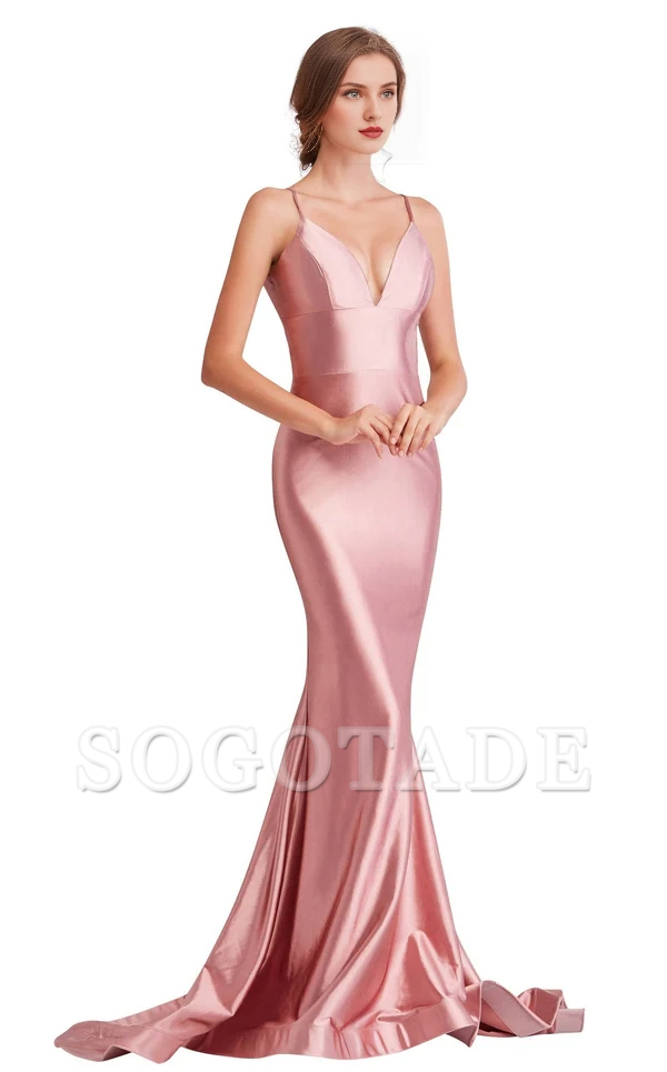 Mermaid V-neck slim shoulder strap backless and floor length evening gown