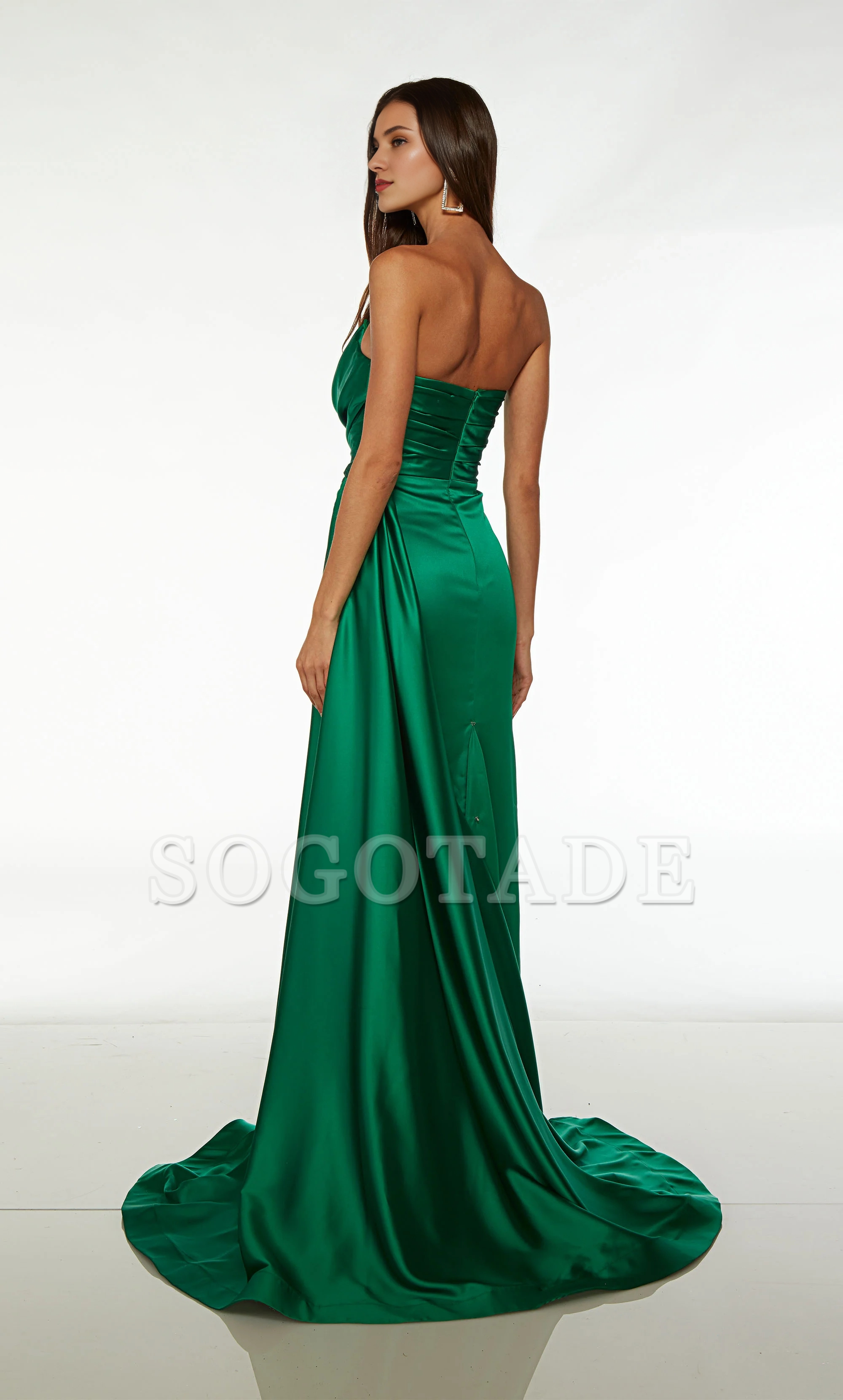 Satin off shoulder collar slim fit evening gown with flared front slit long formal dress