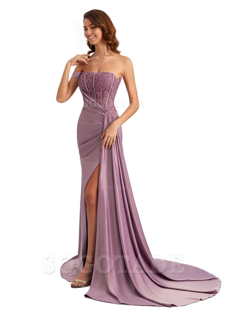 Mermaid Off Shoulder Applique formal dresses evening gown Bridesmaid Dresses With Side Slit 