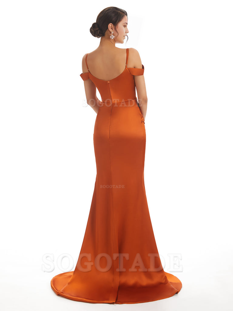 Mermaid Off The Shoulder Satin formal dresses evening gown Bridesmaid Dresses With Side Slit 