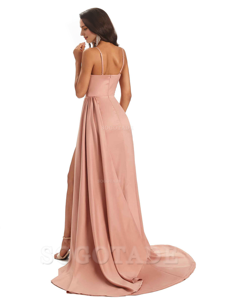 Sexy Soft Satin Side Slit Spaghetti Straps Long Maxi Bridesmaid Dresses prom shop dresses