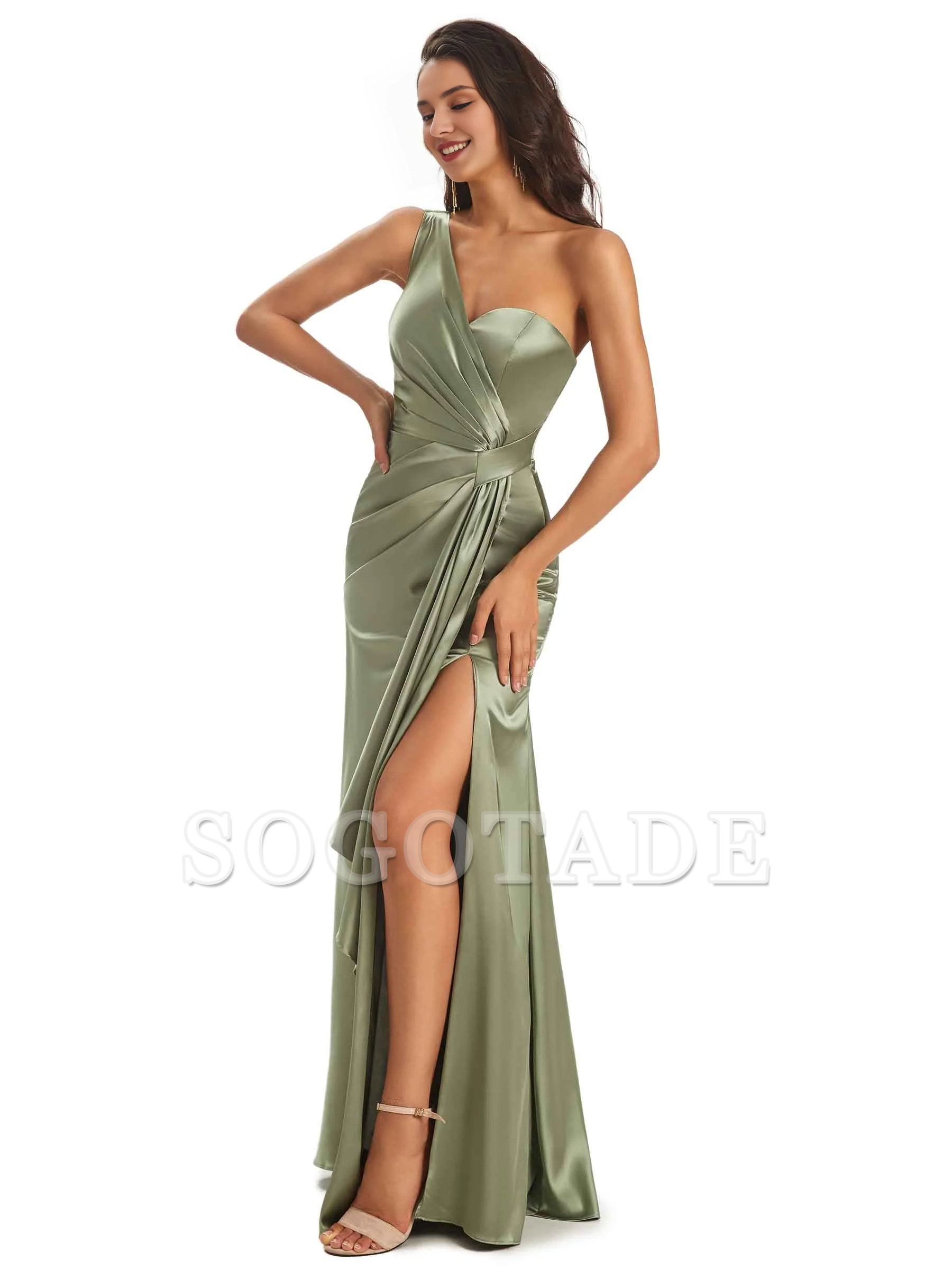 Elegant and soft satin side slit one shoulder unique fish tail bridesmaid dress