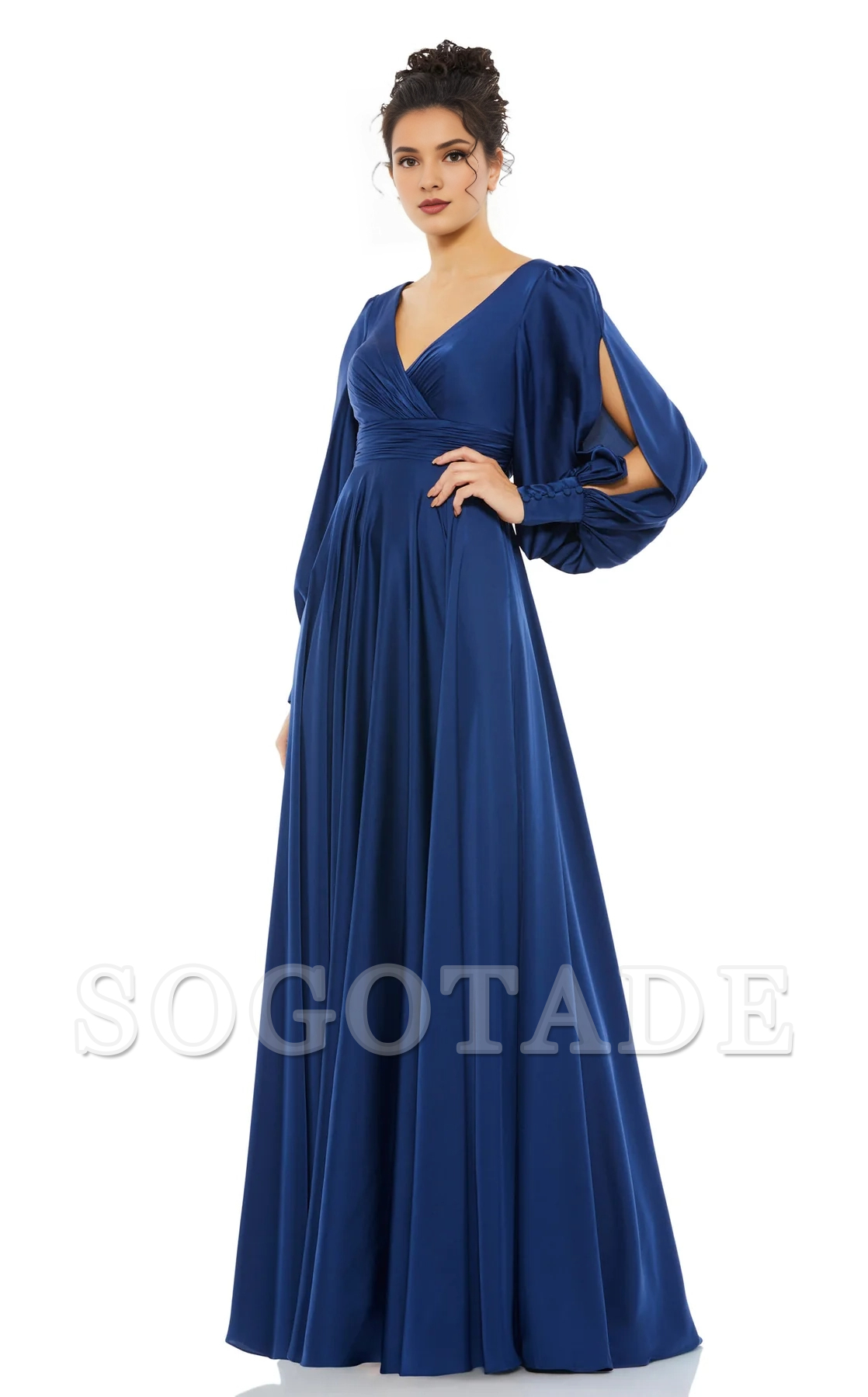 A-line V-neck satin long sleeved back zipper and floor length Prom dress