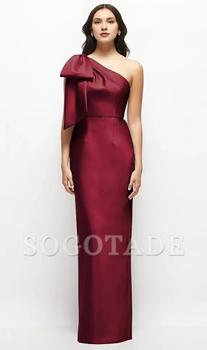 One shoulder bow satin long bridesmaid dress