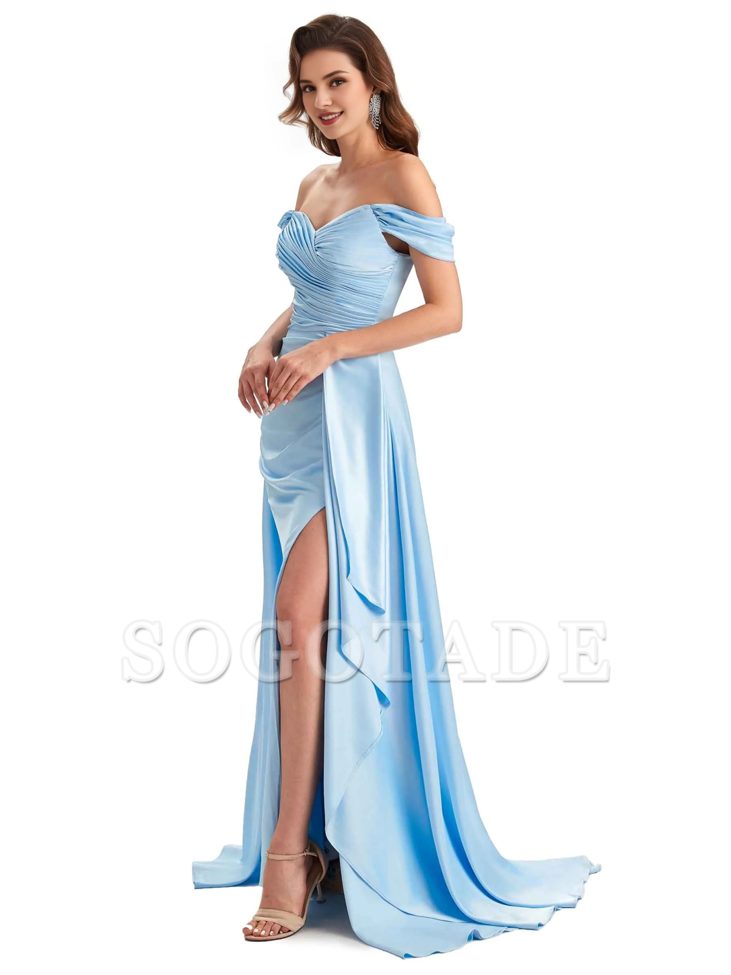 Sexy side slit mermaid soft satin off shoulder long unique bridesmaid dress