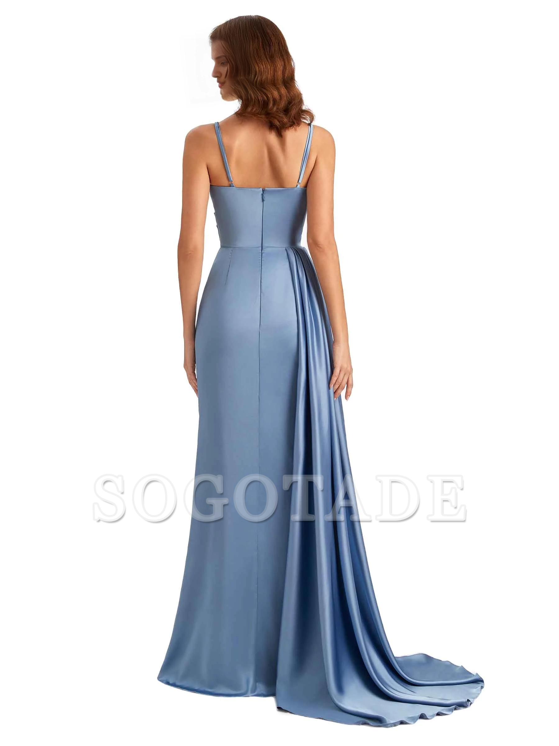 Sexy fishtail side slit hanging neck V-neck soft satin ultra long bridesmaid dress