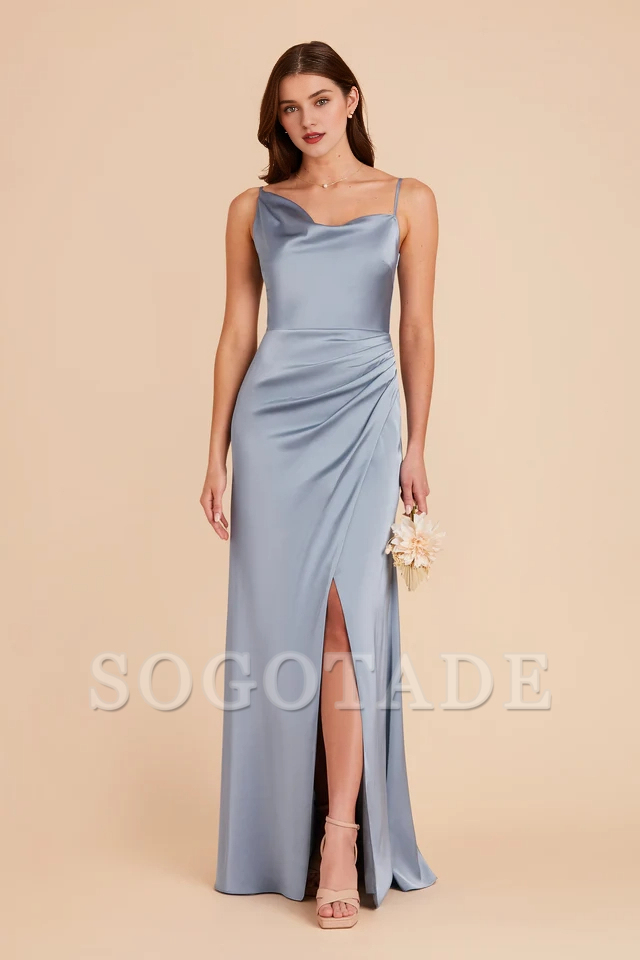 Asymmetric collar satin pillar wrapped slit bridesmaid dress