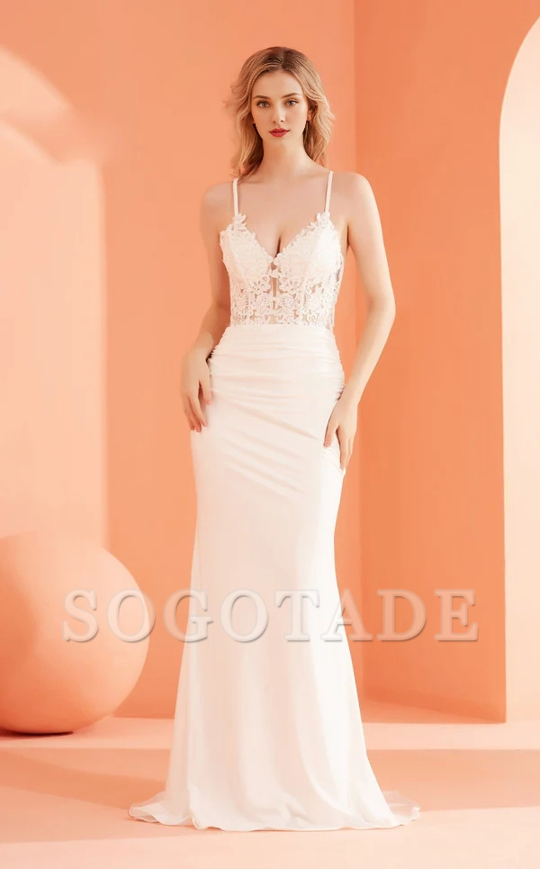 Deep V-neck floral embroidery tight fitting clothing and floor length Prom dress