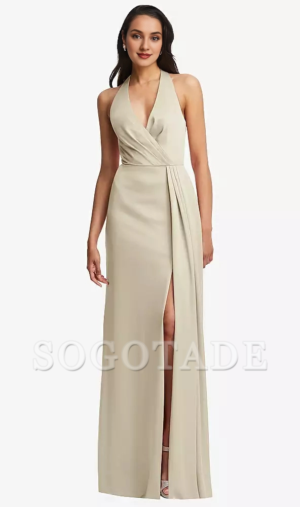 Pleated V-neck back slit horn and floor length Prom dress