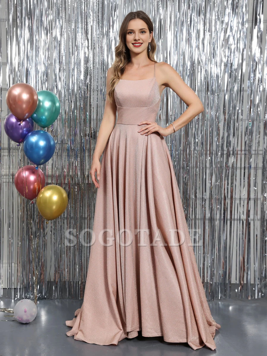A-line sleeveless metal Lulux slim shoulder strap long ball gown