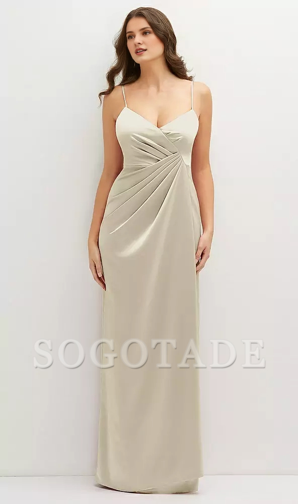 Asymmetric hanging pleats wrapped in satin with extra long Prom dress
