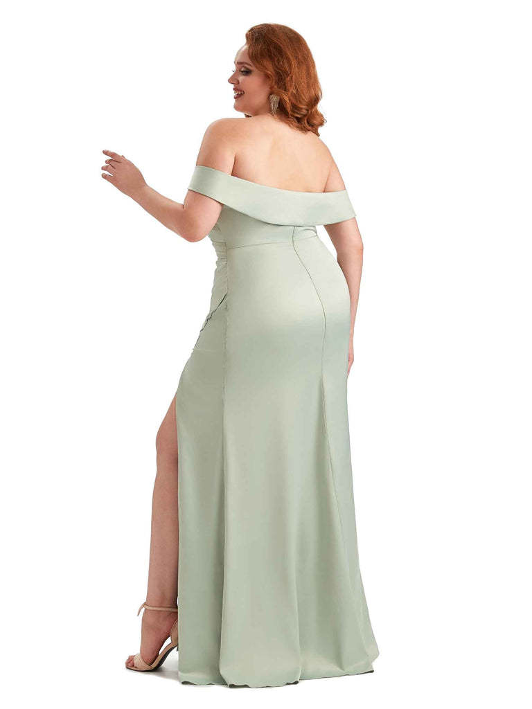 Sexy Side Slit Off Shoulder Mermaid Soft Satin Long Plus Size Bridesmaid Gowns For Wedding